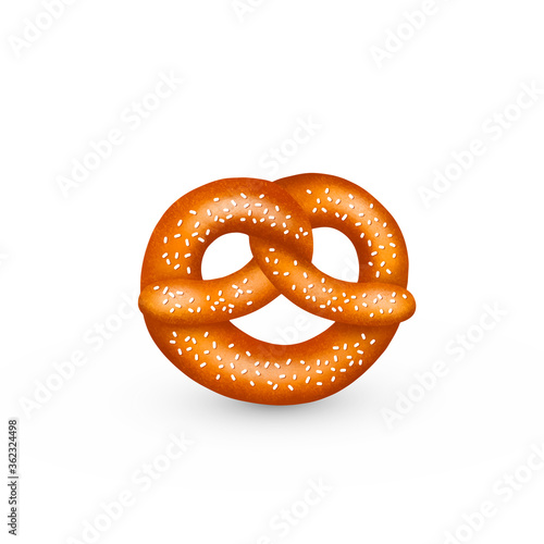 Realistic tasty pretzel with salt or sesame, with texture. Vector illustration isolated on white background.