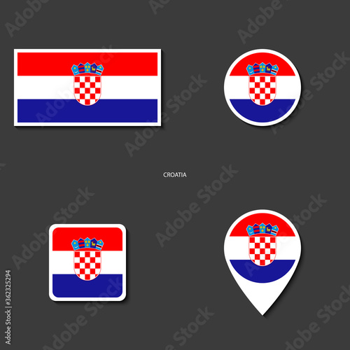 Croatia flag icon set in different shape (rectangle, circle, square and marker icon) on dark grey background. Croatia sticker flag collection on barely dark background.