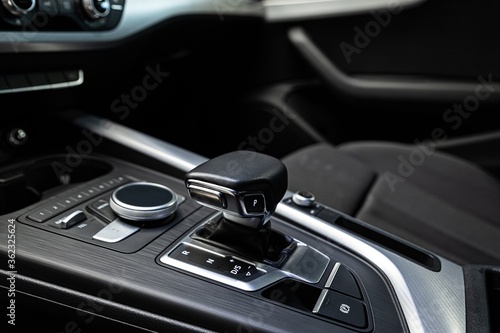 Modern car interior. Automatic gearshift change lever.