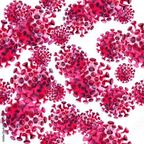 Watercolor illustration of virus corona or covid-19 pattern under microscope.