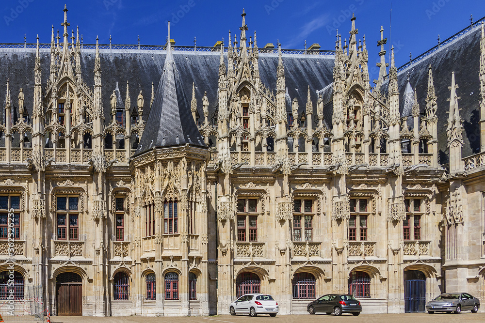 Palais de Justice in Rouen is a masterpiece of Gothic architecture. It was built by Roulland Le Roux in 1508-1509. Rouen in northern France on River Seine - capital of Upper Normandy.
