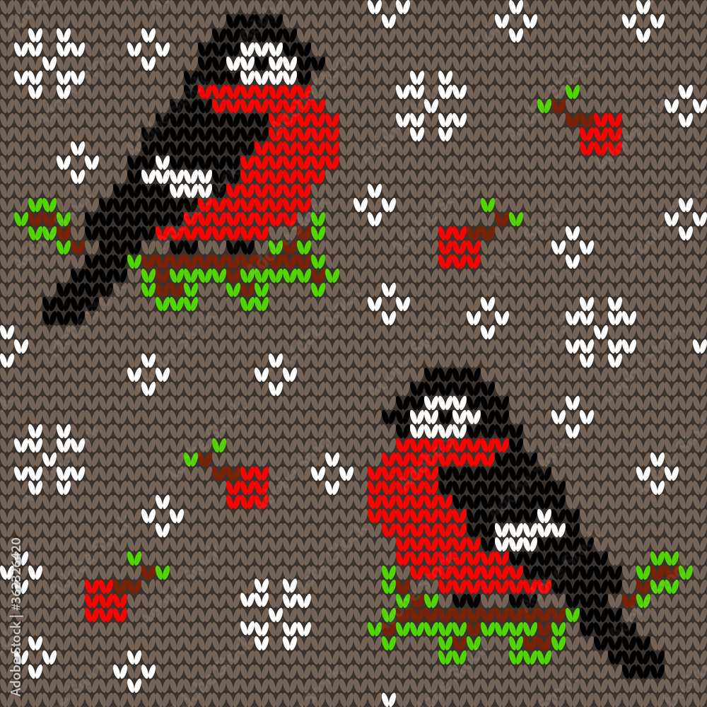 Jacquard knitted seamless pattern with cute bullfinchies, rowanberries and snowflakes. Winter background with nature and birds. Scandinavian style. Vector illustration.