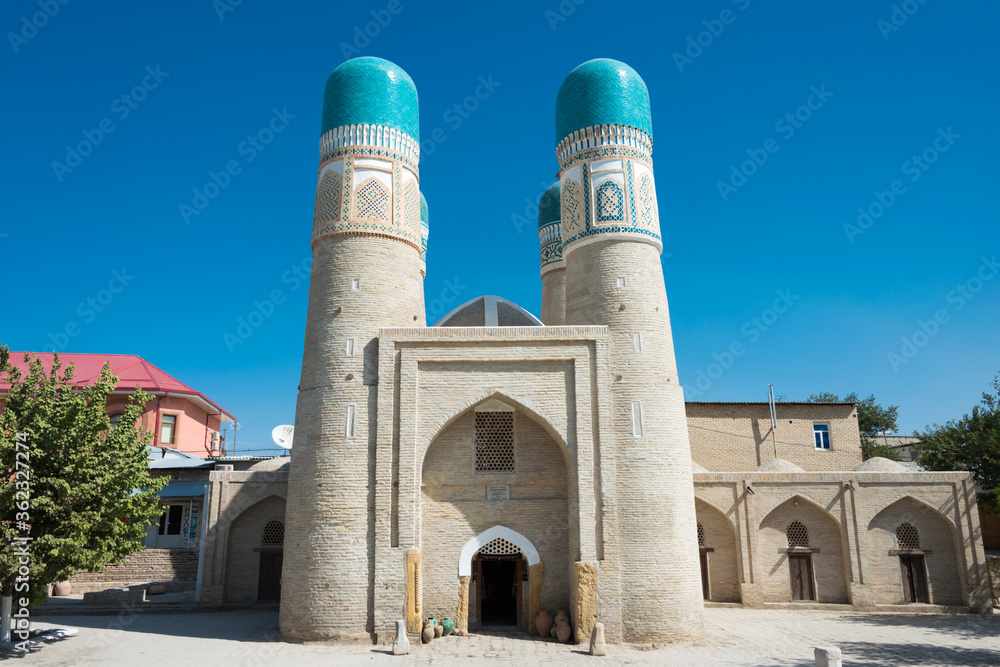 Chor Minor in Bukhara, Uzbekistan. It is part of the Historic Centre of Bukhara World Heritage Site.