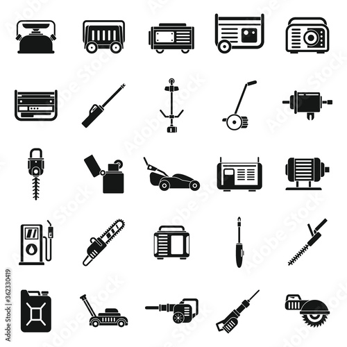 Garden gasoline tools icons set. Simple set of garden gasoline tools vector icons for web design on white background