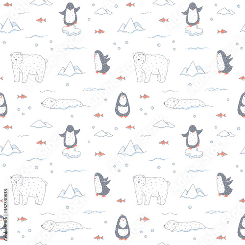 White polar bears and cute penguins seamless pattern in cartoon style on white background. Vector hand drawn illustration