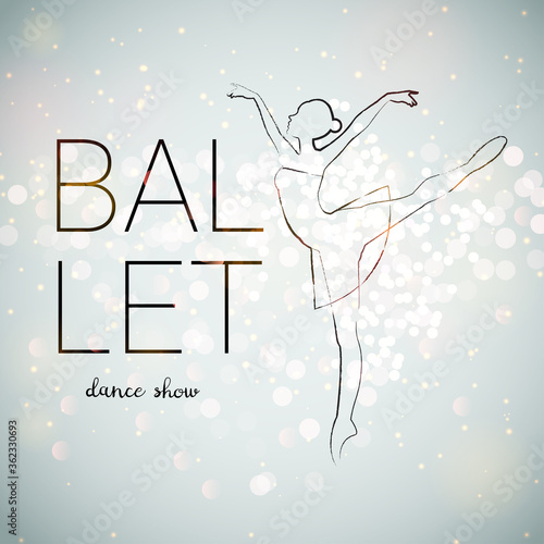 Ballet background. Flyer, brochure, invitation, ticket, poster or greeting card design template with  ballet dancer figure. Vector illustration. 