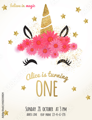 Invitation vector template  for birthday party, baby shower. Unicorn cute illustration with golden glitter horn and flowers - card vector design