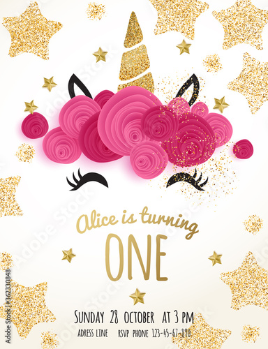 Invitation vector template  for birthday party, baby shower. Unicorn cute illustration with golden glitter horn and flowers - card vector design