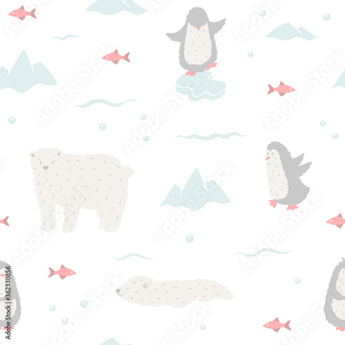 Penguins and polar bears seamless pattern in pastel colors on white background. Hand drawn cartoon illustration for children