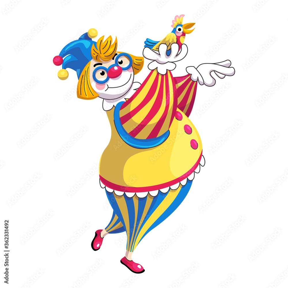 Naklejka premium Clown with colorful parrot icon. Cartoon of clown with colorful parrot vector icon for web design isolated on white background