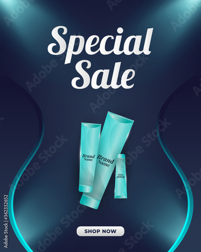 Special Sale Poster with Realistic Cosmetic Product. Product Advertising Template with Futuristic Style