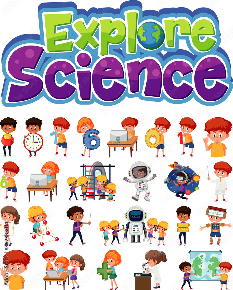 Explore science logo and set of children with education objects isolated