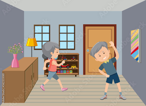 Background scene with old couple staying healthy at home