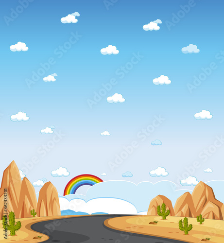 Vertical nature scene or landscape countryside with forest view and rainbow in blank sky at daytime