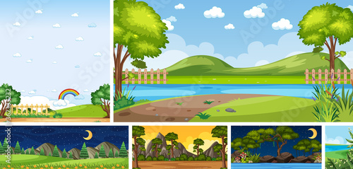 Set of different nature place scene in vertical and horizon scenes at daytime and night