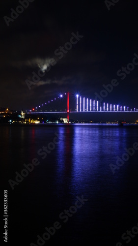 Bosphorus bridge at night in Istanbul  navy blue sky and sea