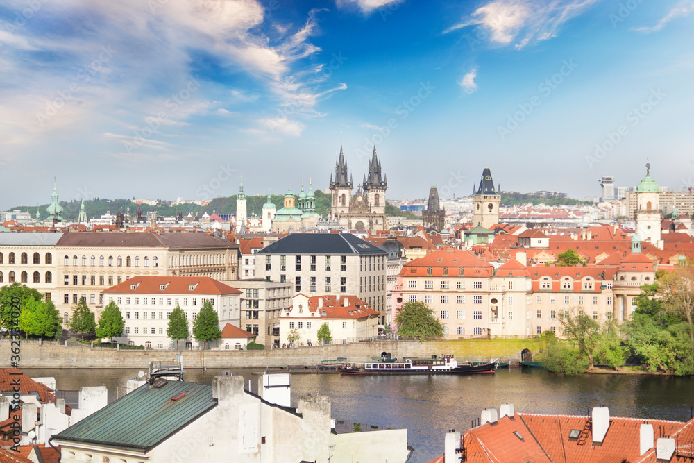 Beautiful view of the Old Town Square, and Tyn Church and St. Vitus Cathedral in Prague, Czech Republic