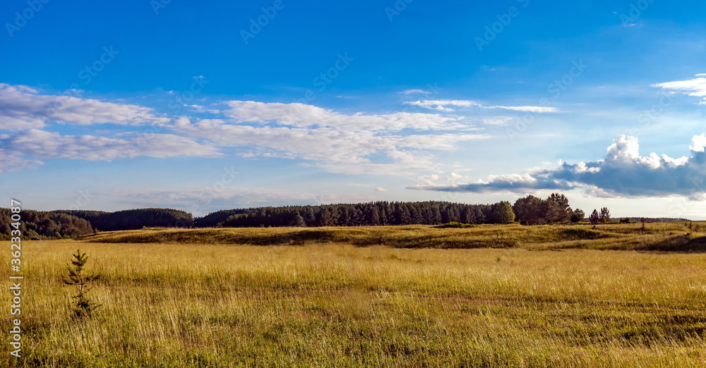Field, trees on hills, road against blue sky with white clouds