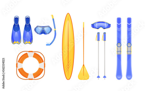 Summer and winter sports gear flat color vector objects set