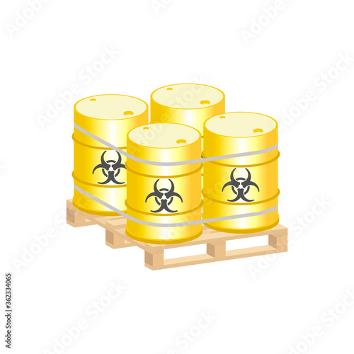 Metal barrels with biological waste on a pallet.Vector isometric and 3D view.	
