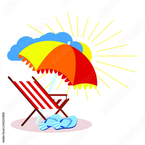 Beach scene: beach chair, beach umbrella, flip flops, sun, cloud.