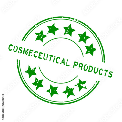 Grunge green cosmeceutical products word with star icon round rubber seal stamp on white background