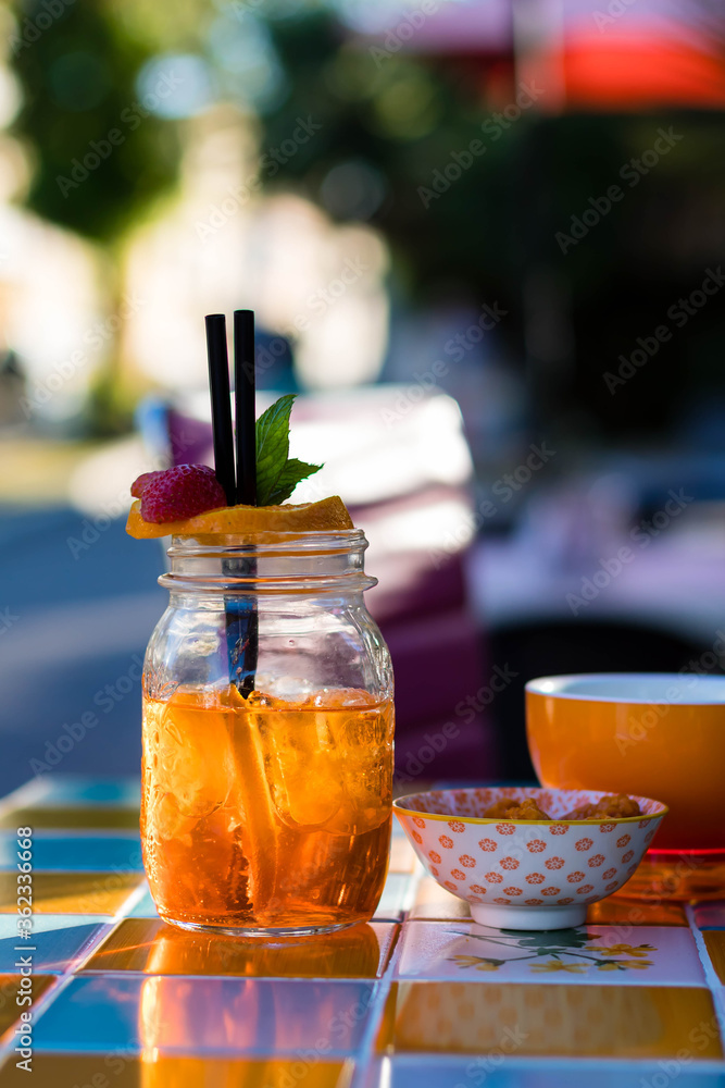 Spritz cocktail and appetizer on the table. Italian aperitivo and cocktail drinks Spritz cocktail and appetizer on the table. Italian aperitivo and cocktail drinks