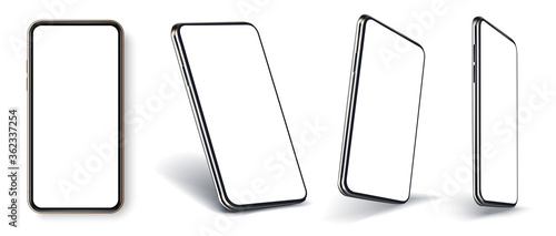 Smartphone frameless blank screen perspective view, rotated position. Smartphone from different angles. Mockup generic device. Template with blank UI, UX screen for application presentation. Vector 