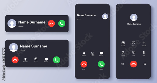 Mockup incoming call, voicemail screen, smartphone interface vector template. Flat UI, UX for application. New Call screen template. Web app display template. Vector illustration photo
