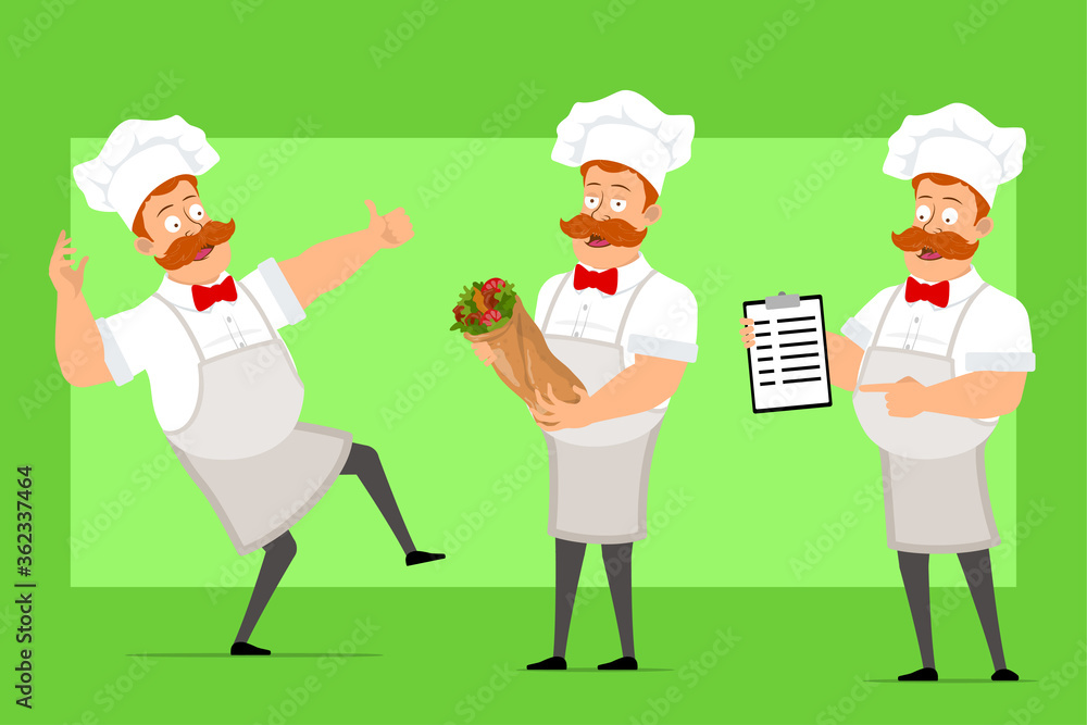 Cartoon flat funny fat chef cook man character in white uniform and baker hat. Boy holding kebab, menu and showing thumbs up sign. Ready for animation. Isolated on green background. Vector icon set. Cartoon flat funny fat chef cook man character in white uniform and baker hat. Boy holding kebab, menu and showing thumbs up sign. Ready for animation. Isolated on green background. Vector icon set.