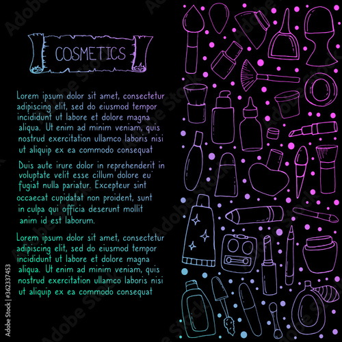 Set with cosmetics. Vector isolated illustration with a set of cosmetics. Doodle style. Lip gloss, nail Polish on a black background. Eye shadow, mascara, lipstick, cream, lotion, eyeliner. 