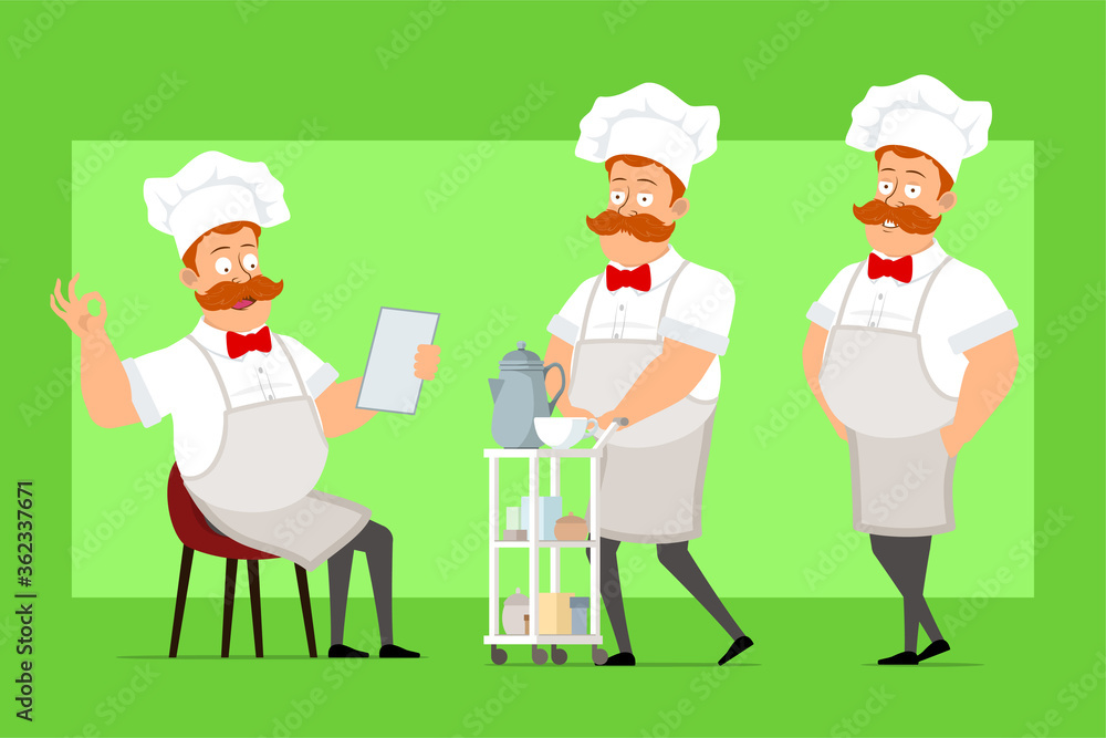 Cartoon flat fat chef cook man character in white uniform and baker hat. Boy showing ok sign and walking with coffee hotel table. Ready for animation. Isolated on green background. Vector icon set. Cartoon flat fat chef cook man character in white uniform and baker hat. Boy showing ok sign and walking with coffee hotel table. Ready for animation. Isolated on green background. Vector icon set.