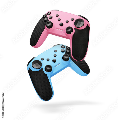 two modern joysticks. Video game controllers isolated on white background