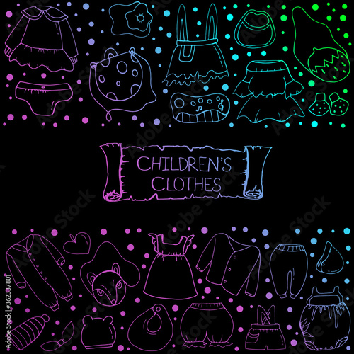 Set with children's clothing.  Doodle style. Vector isolated illustration with booties, sweatshirts, dresses, shorts, hats, children's bags, toys on a black background. Vector file. 