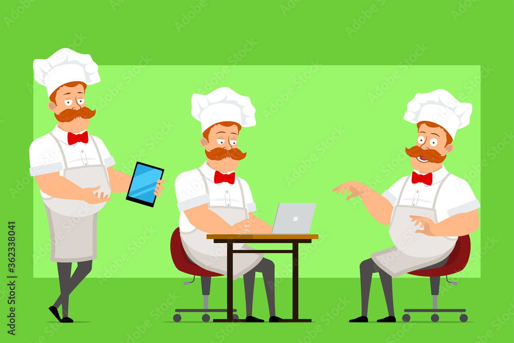 Cartoon flat fat chef cook man character in white uniform and baker hat. Boy working on laptop, holding smartphone and resting. Ready for animation. Isolated on green background. Vector icon set. Cartoon flat fat chef cook man character in white uniform and baker hat. Boy working on laptop, holding smartphone and resting. Ready for animation. Isolated on green background. Vector icon set.