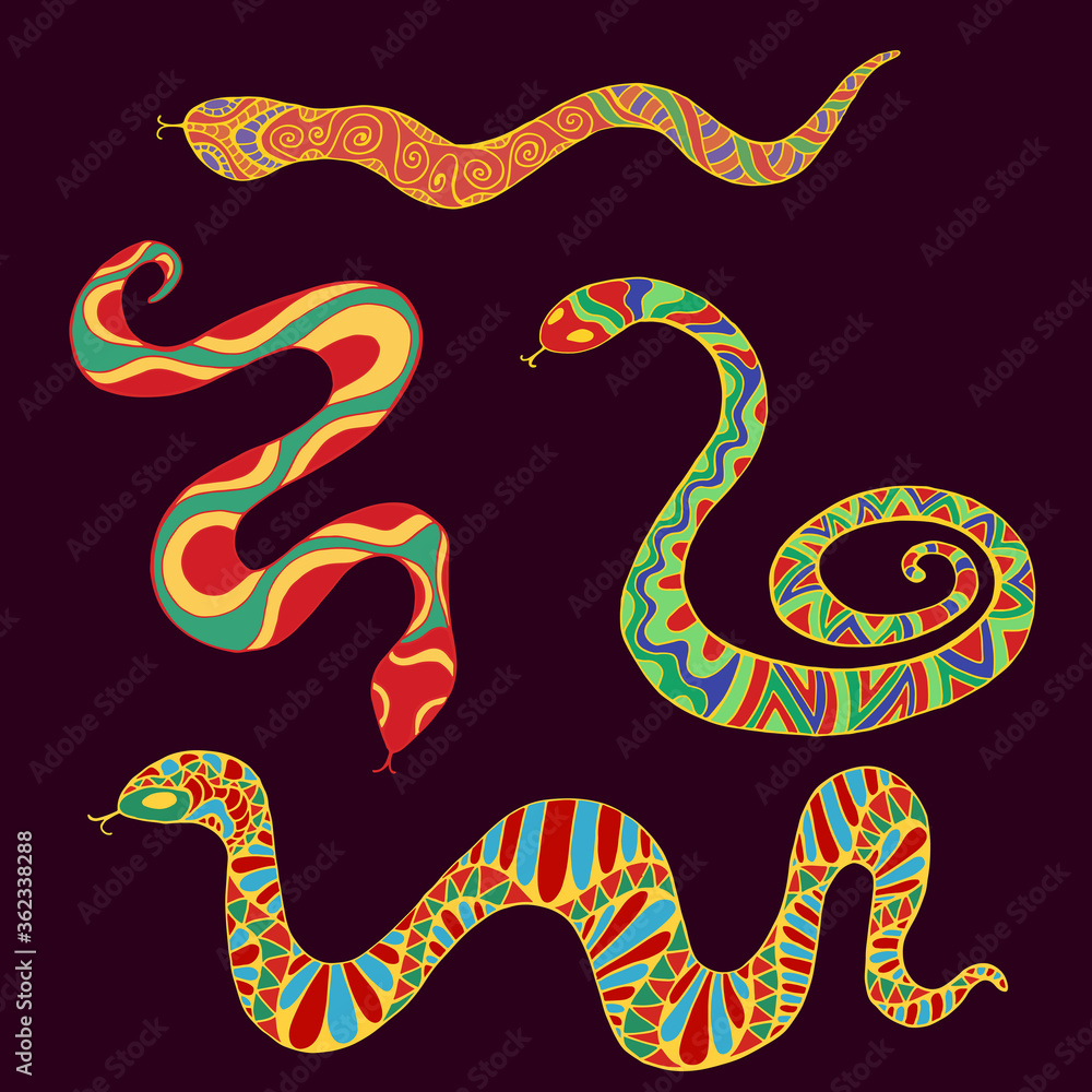 Obraz premium Collection of bright ethnic snakes isolated on dark brown background.