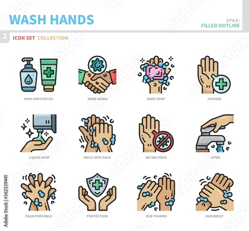 wash hands icon set,filled outline style,vector and illustration