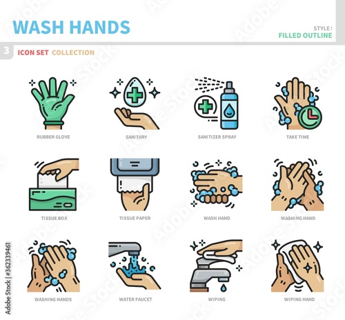 wash hands icon set,filled outline style,vector and illustration