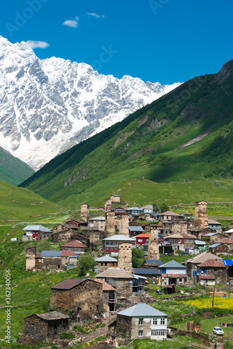 Svan Towers at Ushguli village in Samegrelo-Zemo Svaneti, Georgia. It is part of the UNESCO World Heritage Site - Upper Svaneti.