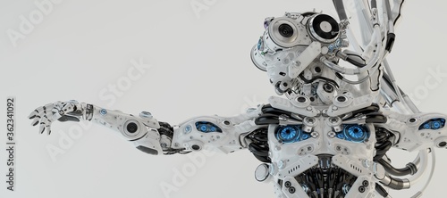 Close-up of futuristic humanoid robot with multiple blue eyes on chest and face, arm outstretched, isolated on white background

