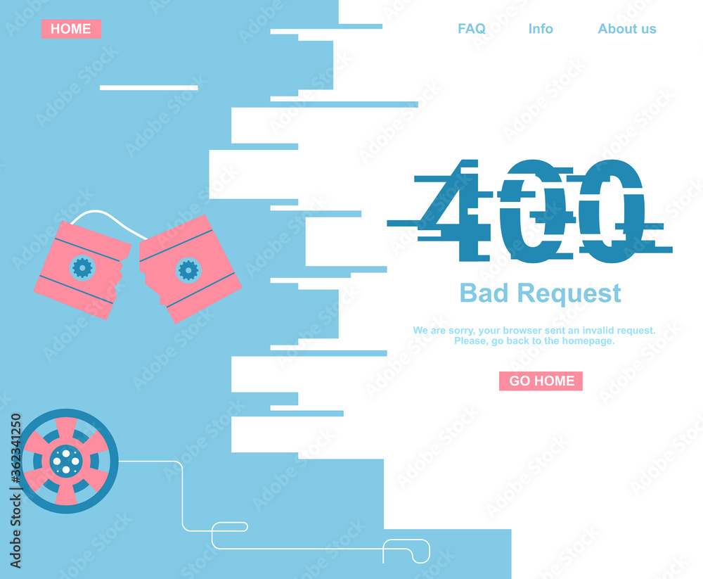 Fototapeta premium 400 system error. Bad or invalid request. Website template or banner. Broken videotape, cassette with clew of wire . Vector illustration in flat style. Technical problem with noise. Support service.