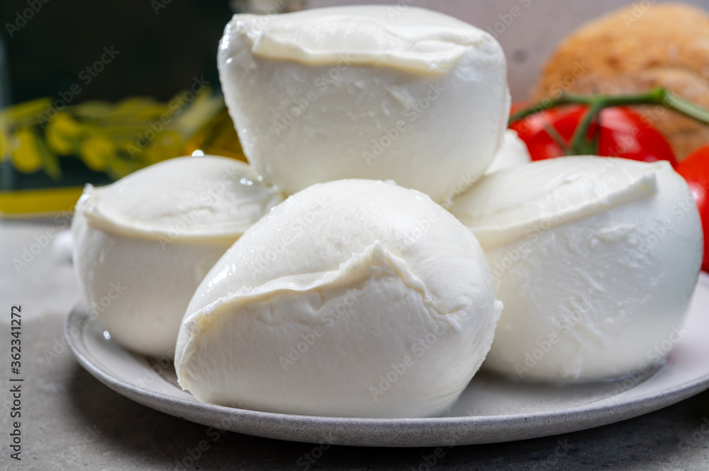 Fresh handmade soft Italian cheese from Campania, white balls of buffalo mozzarella cheese made from cow milk ready to eat Fresh handmade soft Italian cheese from Campania, white balls of buffalo mozzarella cheese made from cow milk ready to eat
