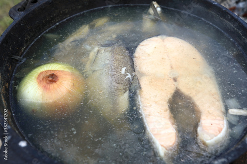 Pan with salmon fish soup
