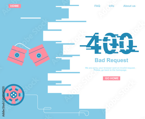 400 system error. Bad or invalid request. Website template or banner. Broken videotape, cassette with clew of wire . Vector illustration in flat style. Technical problem with noise. Support service.