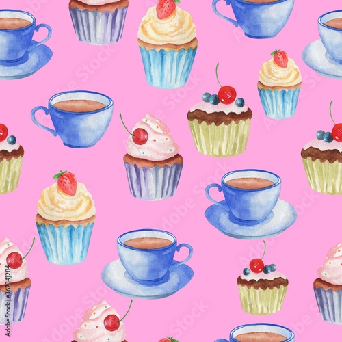 watercolor illustration  seamless pattern  tea with lemon  cupcakes  ornament for wallpaper and fabric  wrapping paper