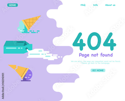404 system error.Page not found. Banner or web template. Broken page. Support service. Spilled milk or spoiled yogurt with cardboard packing. Melted ice cream and broken waffle cone. Technical problem