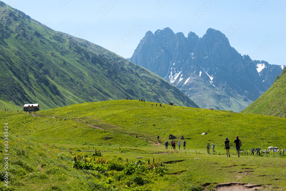 Juta valley near Caucasus mountain. a famous landscape in Kazbegi, Mtskheta-Mtianeti, Georgia.