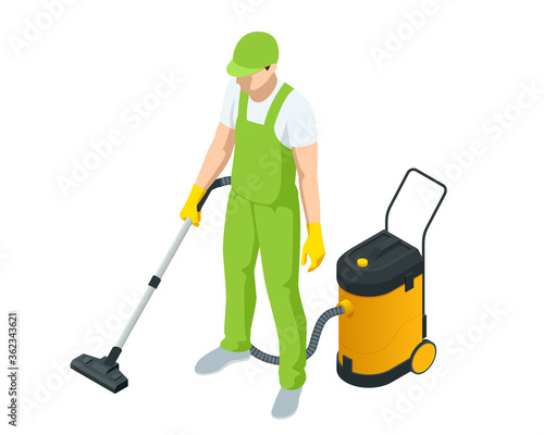 Isometric man with a vacuum cleaners of various types isolated on white background. Washing and Cleaning service concept. Disinfection and cleaning.
