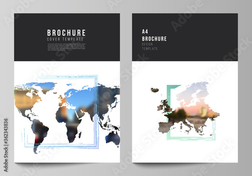 Vector layout of A4 cover mockups templates for brochure, flyer layout, cover design, book design, brochure cover. Design template in the form of world maps and colored frames, insert your photo.