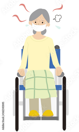 Woman in a wheelchair that is hot and the mask gets damp
